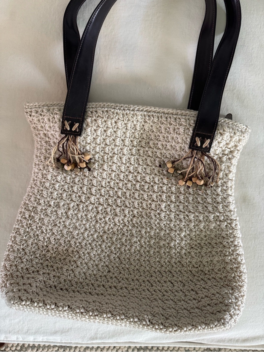 The Sak Cream Woven Tote with Dark Brown Leather Handles